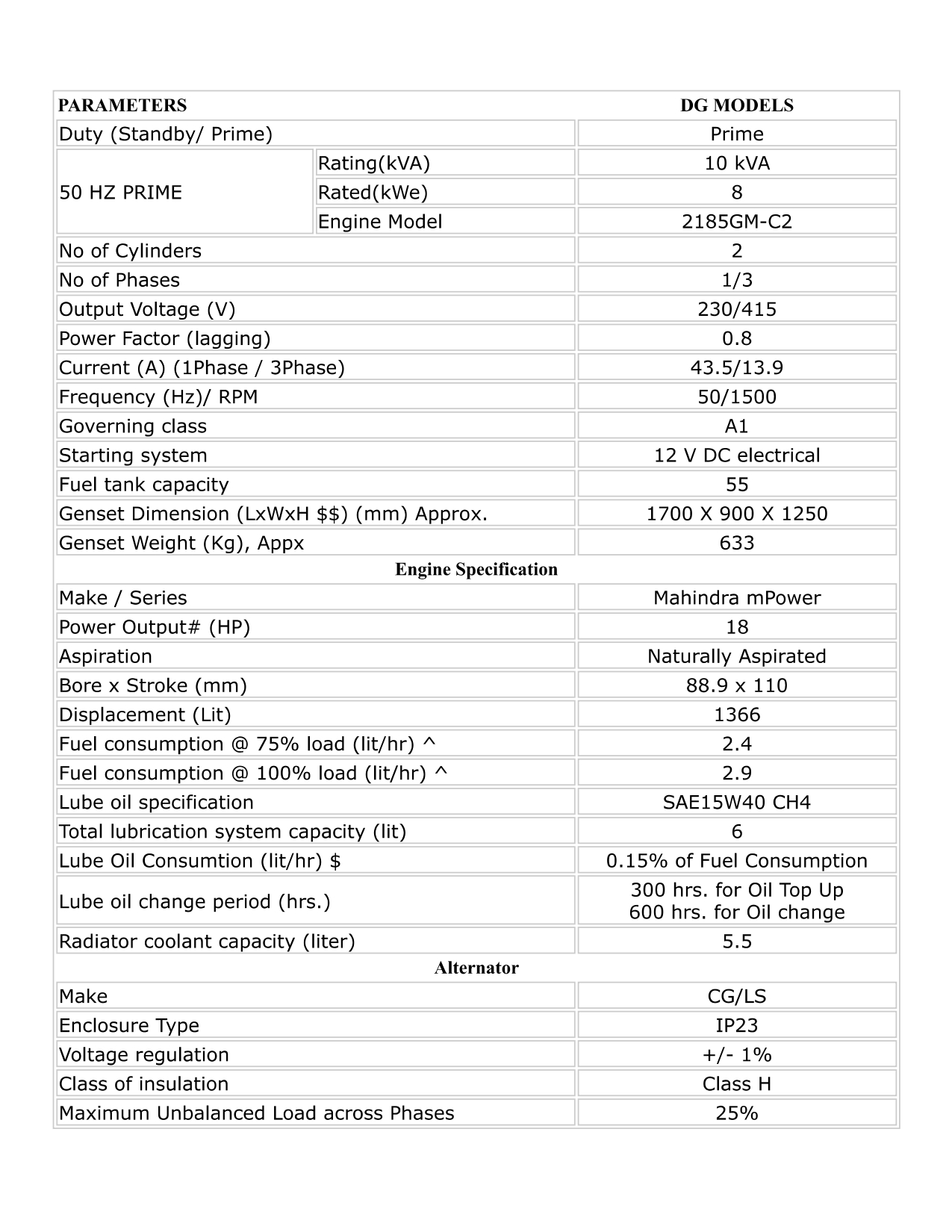 Products 3 Mahindra mPower 10 kVA diesel generator specification details