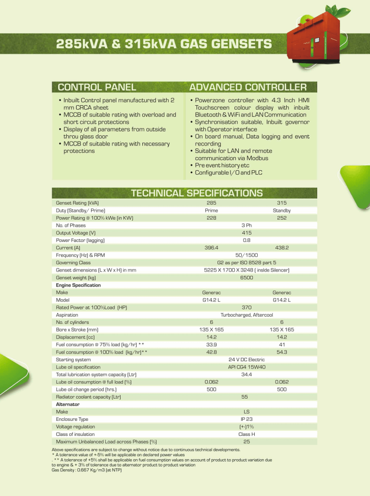 Products 11 285kva Mahindra gas generator specification sheet
